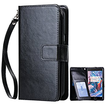 OnePlus 3 Case, OnePlus 3T Case, BENTOBEN [Credit Card Holder] [Wristlet] [Money Pouch] Faux Leather Flip Detachable Magentic Hard PC Protective Wallet Case for OnePlus 3/3T, Black