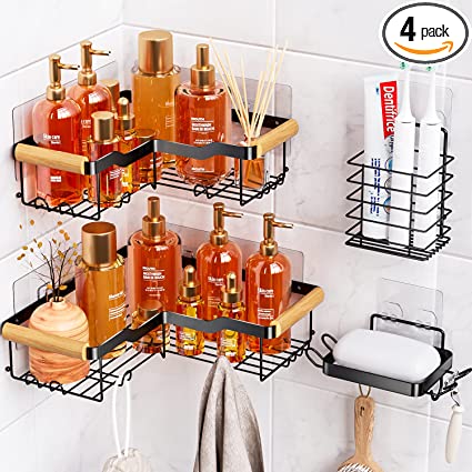 AHNR Corner Shower Caddy, 4 Pack Adhesive Shower Organizer Bathroom Shelves with 18 hooks, Soap & Toothbrush Holders, No drilling Rustproof Shower Storage Rack for Bathroom & Kitchen