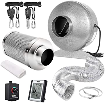 iPower 4 Inch Air Carbon Filter 8 Feet Ducting 190 CFM Inline Fan Combo with Variable Speed Controller Rope Hanger and Humidity Monitor for Grow Tent Ventilation, Silver
