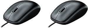 Logitech B100 Corded Mouse, Wired USB Mouse for Computers and Laptops, Right or Left Hand Use - Black (Pack of 2)