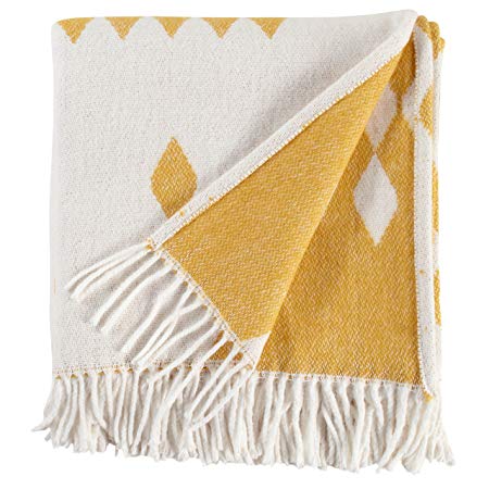 Rivet Colorful Geometric Diamond Jacquard Reversible Throw Blanket, 50"x60", Mustard/White