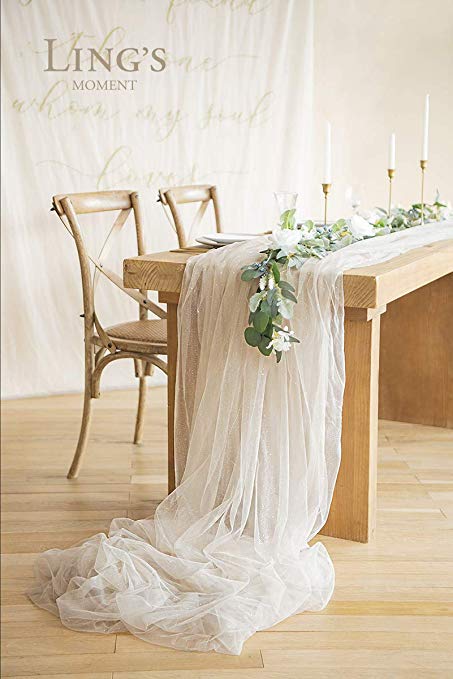 Ling's moment 30x195 inch Extra Long Tulle Table Runner for Wedding Reception Table Sweetheart Table Party Bridal Shower Decorations (Shimmer Dune, 16FT)