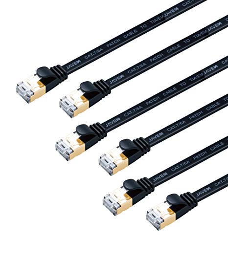 JAVEX CAT7 RJ45 [6-Pack] [Shielded, 10GB] Network Ethernet Flat Cable, Black, 5FT