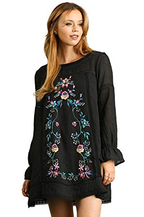 Umgee Women's Long Sleeve BOHO A Line Dress with Floral Embroidery Details