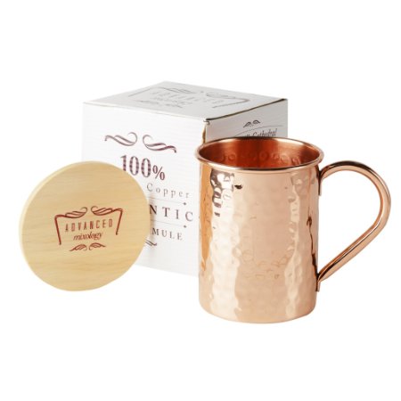 Advanced Mixology Moscow Mule 100% Pure Copper Mug 16 Ounce with Artisan Hand Crafted Wooden Coaster