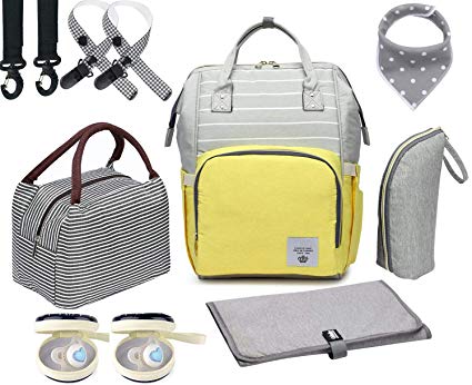 Diaper Bag Set, 8-in-1 Baby Care Backpack for Mom Dad Nappy Bag (Yellow-Gray)