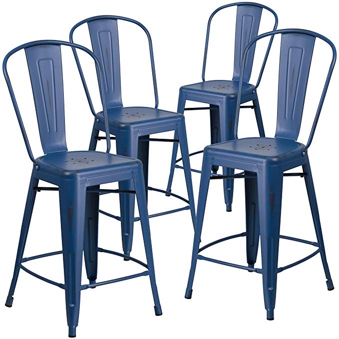 Flash Furniture 4 Pk. 24'' High Distressed Antique Blue Metal Indoor-Outdoor Counter Height Stool with Back