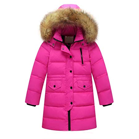 Big Girls' Winter Parka Down Coat Puffer Jacket Padded Overcoat with Fur Hood (Age:7-9 Years, Hot Pink)