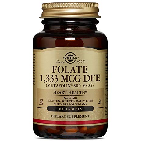 Solgar Folate 1,333 mcg DFE (as Metafolin 800 mcg), Heart Health, Non-GMO, Suitable for Vegans, 100 Tablets