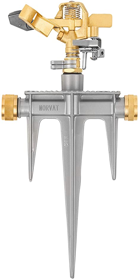 Morvat Brass Impact Lawn Sprinklers - for Yard -Improved 2021 - All Brass Lawn Sprinkler, Solid Aluminum Stake, Rubber Ring Connectors Male Quick Connector, 360° Pattern 40-49 Ft Spray Distance