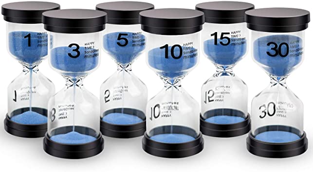 Mosskic Sand Timers, Hourglass Timer 1/3/5/10/15/30 Minutes Sandglass Timer for Kids Games Classroom Kitchen Home Office Decoration(Pack of 6)