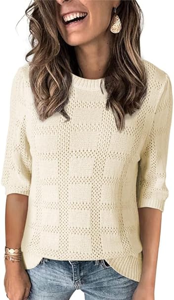 Dokotoo Women's Casual 3/4 Sleeve Loose Tunic Tops Lightweight Crochet Knit Summer Sweaters Blouses