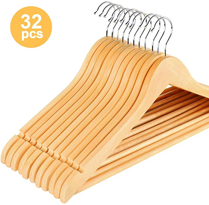 ilauke Pack of 32 Maple Wooden Coat Hangers Clothes Hangers With Trouser Bar and Shoulder Notches 360 Degree Rotating Wood Hanger for Suits, Trousers, Shirts and Blouses