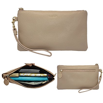 Befen Women Genuine Leather Clutch Wallet, Smartphone Wristlet Purse - Light Khaki