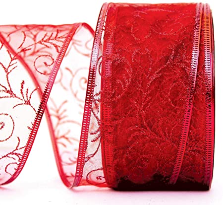 Red Gift Ribbon Wired - Red Wire Edged Ribbon - Organza Sheer Glitter Wire Gift Wrap Ribbons for Christmas Holiday Wrapping & Flowers Valentines Day 2.5 Inches Wide x 50 Yards Long Large Roll