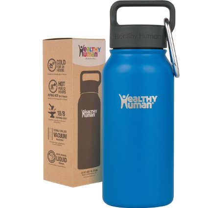 Healthy Human 16 oz Water Bottle Keeps Liquids Cold 12 Hours, Hot 6 Hours. 100% Leak & Sweat Proof. Vacuum Insulated Stainless Steel Thermos Flask. Includes Carabiner & Hydro Guide.