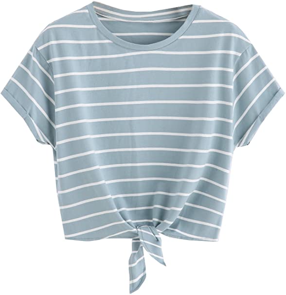 Romwe Women's Knot Front Cuffed Sleeve Striped Crop Top Tee T-Shirt