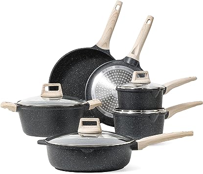 CAROTE 10 Pcs Pots and Pans Set,Nonstick Granite Cookware Sets, Stone Non Stick Frying Pan Set, Cooking Set (Granite, Induction Cookware)