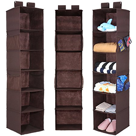 Hanging Closet Organizer with 4 Side Pockets, Magicfly 6-Shelf Collapsible Closet hanging shelf with 2 Widen Velcros for, Sweater & Handbag Storage, Easy Mount Hanging Clothes Storage Box, Brown