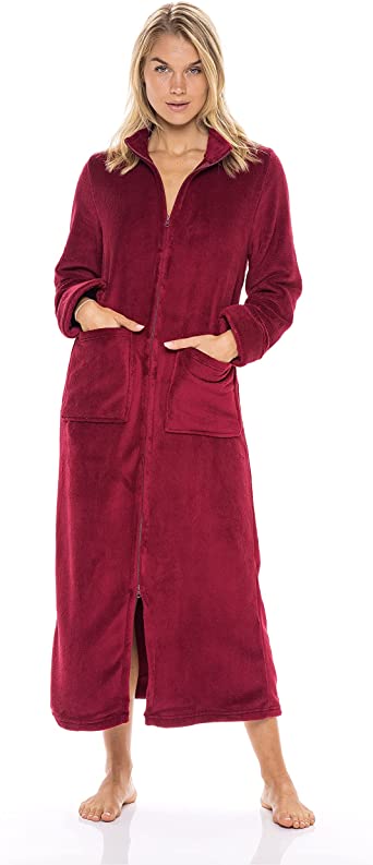 Alexander Del Rossa Women's Zip Up Fleece Robe, Long Warm Fitted Bathrobe