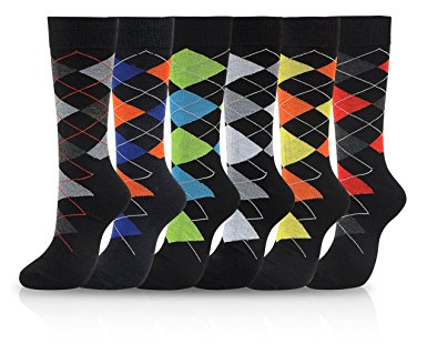 ICONOFLASH Men's Cotton 6 Pair Pack Dress Socks - Solid Argyle Stripes Tribal Stars