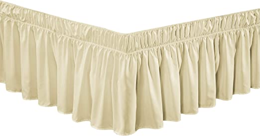 Wrap Around 24" inch Long Fall Ivory Ruffled Platform Elastic Solid Bed Skirt Fits All Queen, King and Cal King Size Bedding High Thread Count Microfiber Dust Ruffle, Soft & Wrinkle Free.