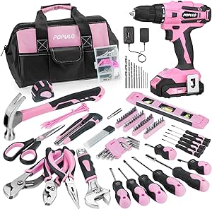 POPULO Pink Tool Kit 236-Piece with Cordless 20V 2000mAh Power Drill Driver, Lady's Basic Home Tool Set with 12-Inch Pink Tool Bag, Electric Drill Sets Combo Kit for Women, House, DIY