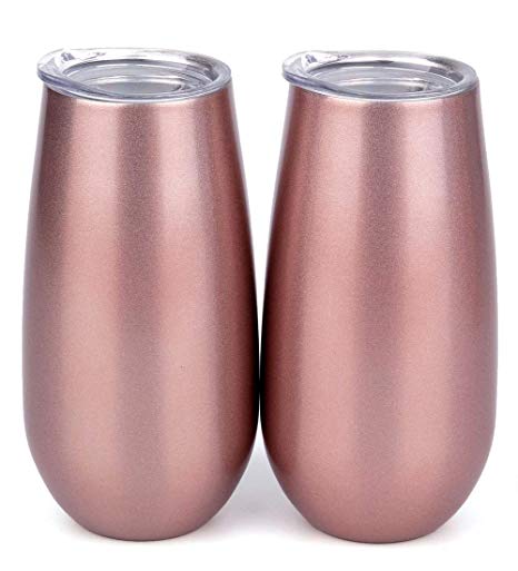 SUNWILL Champagne Flutes Insulated Toasting Glasses 2pack, Double Wall Stemless Wine Champagne Tumbler with Lid, Reusable Cups for Cocktail, 6oz Rose Gold