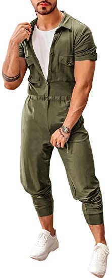 Makkrom Mens Romper Button Down Short Sleeve One Piece Jumpsuit Casual Coverall with Pockets