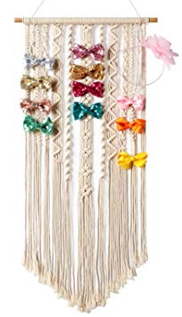 Mkono Macrame Hair Bow Holder Hanging Hair Clips Hanger Headband Storage Organizer Boho Wall Decor Bow Organizer for Baby Girls Room, Ivory (Clips and Other Props Not Included)