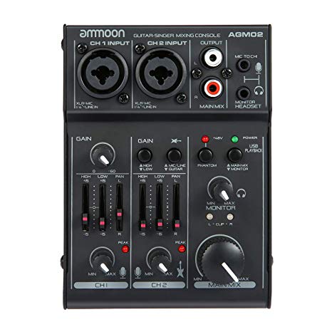 ammoon 2-Channel Sound Card Mini Mixing Console Digital Audio Mixer 2-band EQ Built-in 48V Phantom Power 5V USB Powered for Home Studio Recording DJ Network Live Broadcast Karaoke