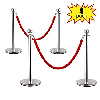 JAXPETY 2 Sets Round Top Polished Brass Stanchion Posts Queue Barrier, Pack of 4 Posts with Red Velvet Ropes,Silver