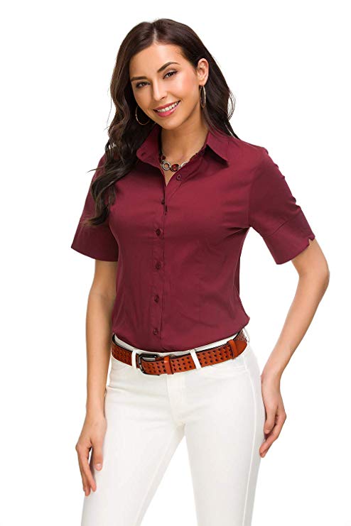 Womens Basic Button Down Shirts Simple Short Sleeve Pullover Stretch Formal Casual Shirt