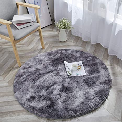 Leesentec Area Rug Round Carpet Anti-Skid Fluffy and Super Soft Silky Smooth Fur Round Shaggy Carpet Living Room Home Carpet Computer Chair Cushion Rug Mat (Black Grey, About 140 cm)