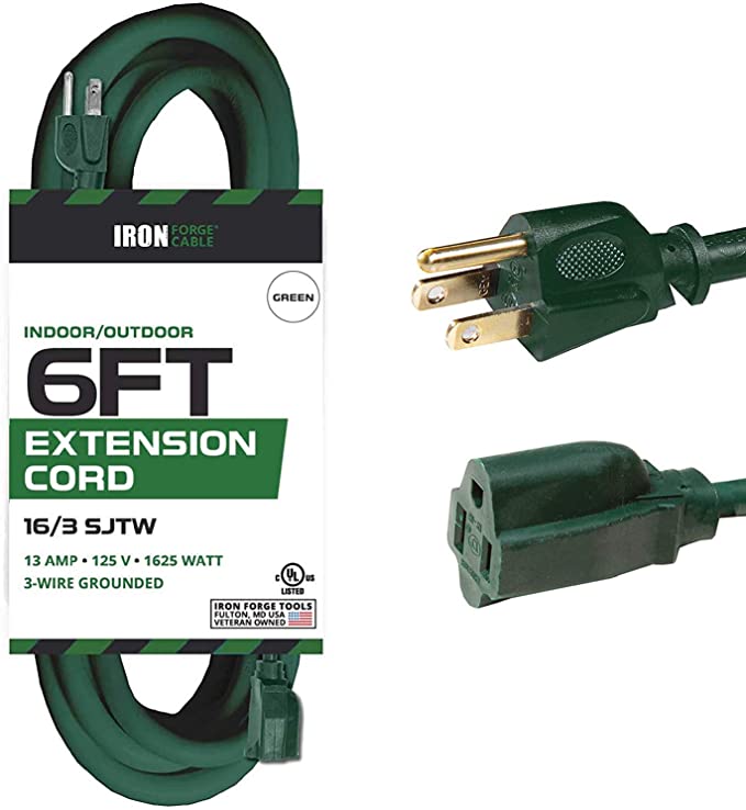 6 Foot Outdoor Extension Cord - 16/3 SJTW Durable Green Extension Cable with 3 Prong Grounded Plug for Safety - Great for Garden and Major Appliances