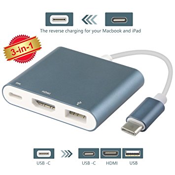 USB-C To HDMI Adapter,ProCIV Type-C 3in1 USB 3.1 USB-C to USB 3.0/4Kx2K HDMI/ Type C Female Charger Adapter for 2015 Macbook 12in,Google Chromebook Pixel and other Type C devices(Gray)