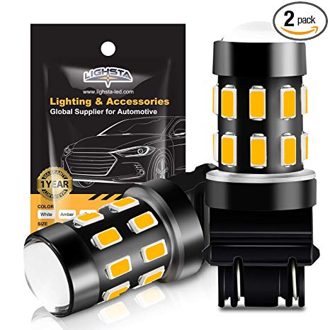 3157 LED Bulbs, LIGHSTA Super Bright 24-SMD 9-30V Non-Polarity 3056 3156 3057 4057 3157K 4157 LED Bulbs with Projector for Turn Signal Blinker Lights, Side Marker Lights, Amber Yellow(Pack of 2)
