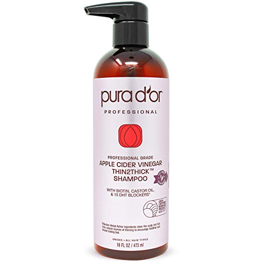PURA D'OR Apple Cider Vinegar Thin2Thick Shampoo With Biotin, Castor Oil - For Reduced Frizz, Split Ends - Clarifying and Detox - Paraben, Sulfate Free - All Hair Types, Men & Women, 16 Fl Oz