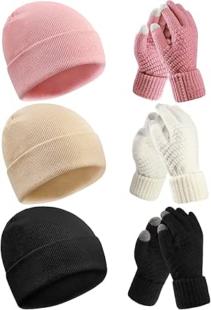 SATINIOR 6 Pieces Winter Beanie Hat Gloves Set, Knit Hat Touchscreen Gloves Soft Skull Cap Set for Women Men