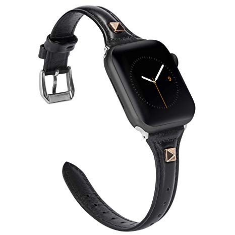 Wearlizer Black Slim Leather Compatible with Apple Watch Band 38mm 40mm for iWatch Womens Mens Top Grain Leather Band, Thin Strap Vintage Bronze Rivet Wristband (Silver Clasp) Series 5 4 3 2 1 Sport