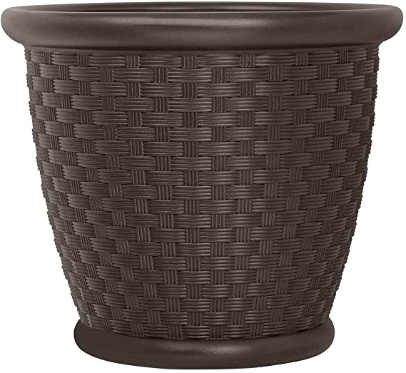 Suncast Sonora 22 Inch Resin Wicker Decorative Garden Flower Planter, Java