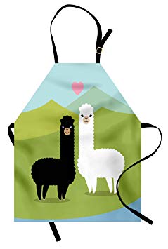 Ambesonne Llama Apron, Alpacas in Love in The Mountains Argentina Fauna Animals with Contrasting Colors, Unisex Kitchen Bib Apron with Adjustable Neck for Cooking Baking Gardening, Multicolor