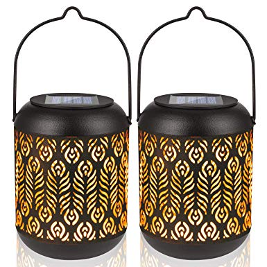 LeiDrail Solar Lights Outdoor Tabletop Lantern for Table Pathway Garden Yard Solar Powered LED Retro Hanging Light Metal Waterproof Warm White Landscape Lighting with Handle- 2 Pack