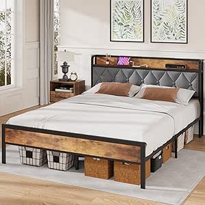 Queen Bed Frame with Storage Headboard, Charging Station, 10.2'' Under-Bed Space, Wooden Fabric Metal Sturdy Platform, Heavy-Duty, Noise-Free, No Box Spring Needed, Easy Assembly