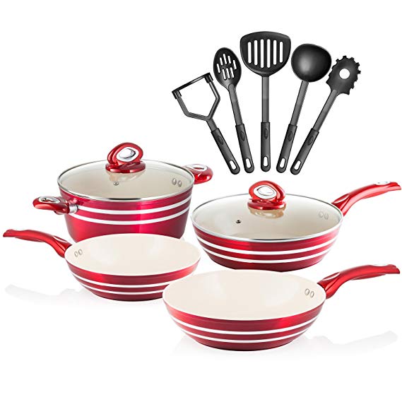 Chefs Star 11 Piece Professional Grade Aluminum Non-Stick Pots & Pans Set - Red/Cream