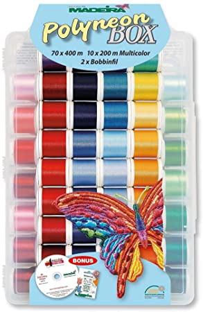 Madeira Polyneon Machine Embroidery Thread Kit 8085 with 80 40-weight spools of thread, case, 5 needles, 82 embroidery designs, 2 Bobbinfil bobbins