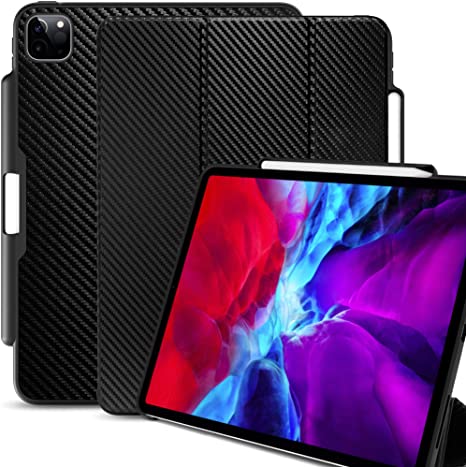 KHOMO iPad Case Pro 11 Case 2nd Generation 2020 with Pencil Holder - Dual Series - Supports Apple Pen Charging - Carbon Fiber