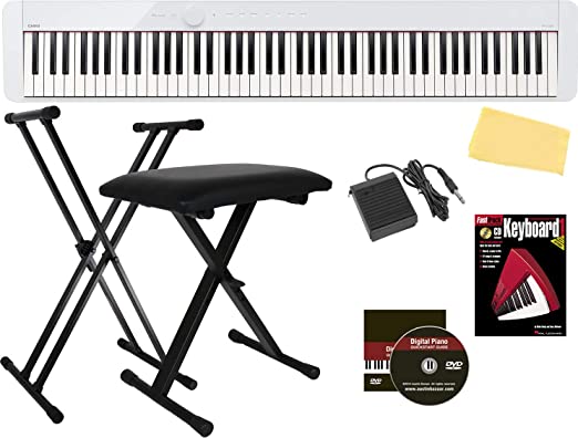 Casio Privia PX-S1000 88-Key Digital Piano - White Bundle with Adjustable Stand, Bench, Sustain Pedal, Instructional Book, Online Lessons, Austin Bazaar Instructional DVD, and Polishing Cloth