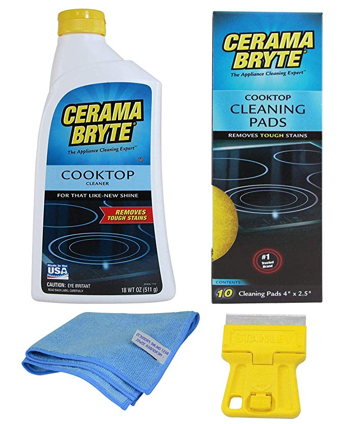 Cerama Bryte Glass Ceramic Cooktop Cleaner (18 Ounce) Bundle with Cleaning Pads (10 pack), Stanley Mini-Razor Scraper, and Our Exclusive Microfiber Towel