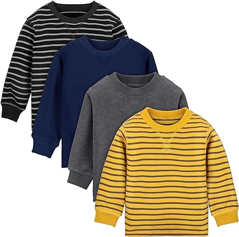 Cooraby 4 Pack Toddler Boys' Thermal Long-Sleeve Shirts Stripe and Solid T-Shirts Cotton Long-Sleeve Shirts for Boys